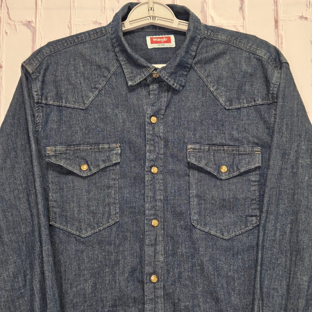 Wrangler Denim Shirt Blue Pearl Snap Cowboy Western Workwear Casual Mens Large
